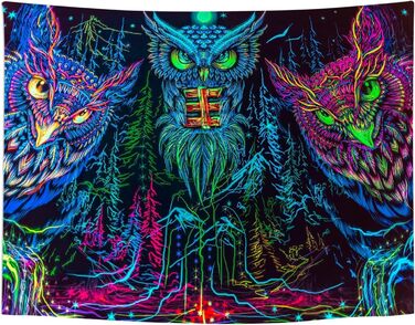 Сова Хижий Птах Бохо - Гобелен, що світиться в темряві - Blacklight UV Reactive - 200 x 150 см