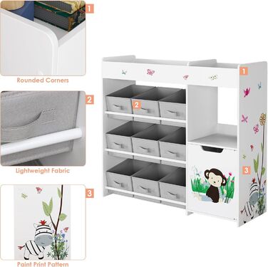 Дитяча полиця для іграшок HOCSOK з 9 ящиками, органайзер для іграшок, великий об'єм зберігання, книжкова полиця для дитячої кімнати, дерево, білий, 90 x 80 x 29,5 см