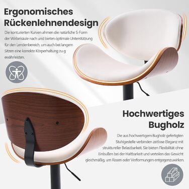 Барний стілець YOUTASTE з вигнутого дерева, 1 шт., 360° обертання, з підлокітником та підніжкою, PU-шкіра, білий