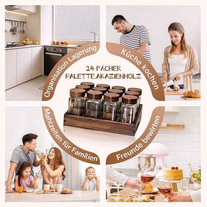 Набір скляних баночок для спецій з акціїї, 24 шт. | Організатор для спецій на кухню | Скляні контейнери 120 мл з дерев'яними кришками