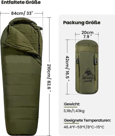 Спальний мішок OneTigris Outdoor Small Pack Розмір 3 сезони 8 C -15 C Спальний мішок для мумій Надлегкий компактний для кемпінгу, подорожей, походів (210 см x 84 см)