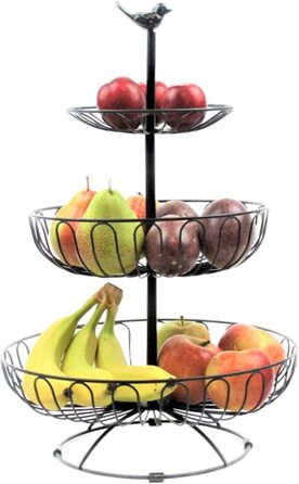 Двоярусна корзина для фруктів Auroni, 3 поверхи, ваза для фруктів, металева, чорна, сучасна, декоративна, для більшого простору на стільниці