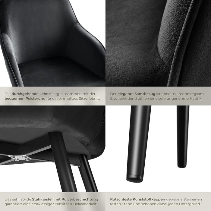 Тектейк® сучасний стілець для їдальні з підлокітниками, м'яке сидіння з велюру, крісло для вітальні, оббитий офісний стілець з чорними металевими ніжками, стілець для туалетного столика - коричневий/чорний (набір 2 шт., Чорний)