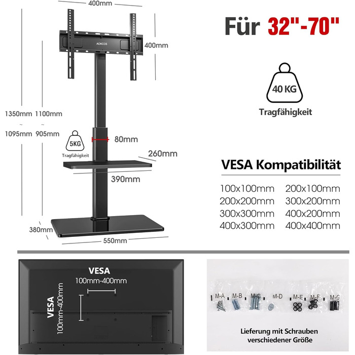 Підлогова підставка для телевізора AOKCOS 32-70 дюймів, до 40 кг, регульована по висоті, поворотна, поворотна, VESA 400x400 мм