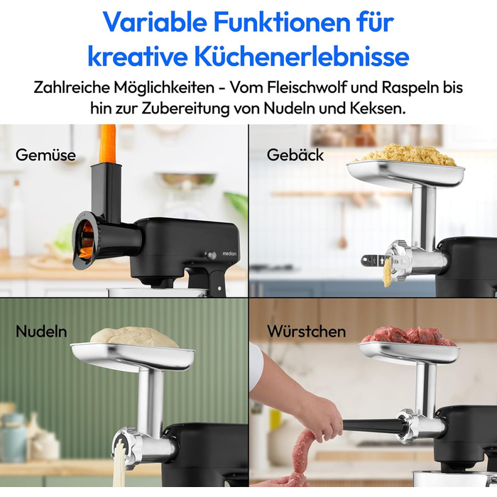 Кухонна машина MEDION MD12600: м'ясоподрібнювач, 4.6л чаша з нержавіючої сталі, тихий DC-двигун, 800 Вт, набір дисків для тертя, шинкування та нарізання, сенсорний дисплей, міксер, тістоміс