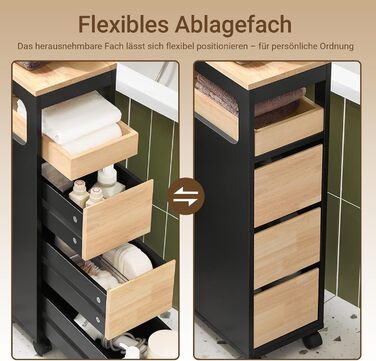 Шафка для ванної кімнати SoBuy з колесами, вузька шафка з 3 висувними ящиками, компактна тумбочка з дерева, навісна шафка для маленьких ванних кімнат, туалетів та кухонь, біла, 65x23x82 см, BZR54-W (чорний)