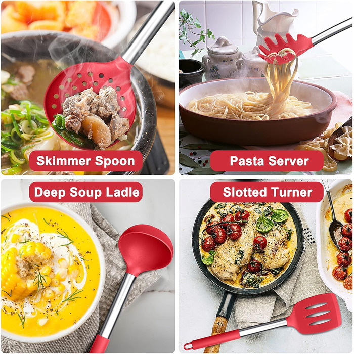 Набір кухонних аксесуарів Herogo, 12 шт. Силіконові кухонні інструменти з нержавіючою сталею, термостійкі, лопатки, ложки, шпателі з підставкою, легко миються (Червоний)