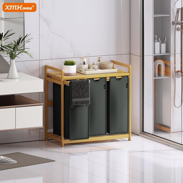 Бамбуковий сортувальник для білизни з 3 відділеннями, 148 літрів, 2 яруси, великий кошик для білизни з знімним мішком, прямокутна коробка для ванної, спальні та пральні, 77.5x41.3x100.5CM, Бежевий (Темно-сірий)