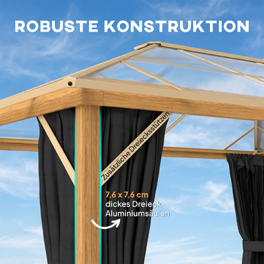 Газонний павільйон приблизно 4x3 м з алюмінієвим каркасом та полікарбонатним дахом 6 мм, з москітною сіткою, 4 боковими панелями з імітацією натурального дерева.