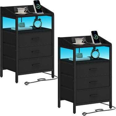 Комплект із 2 приліжкових столиків із LED-підсвіткою, USB, розетками та трьома тканинними шухлядами, чорний для спальні й вітальні