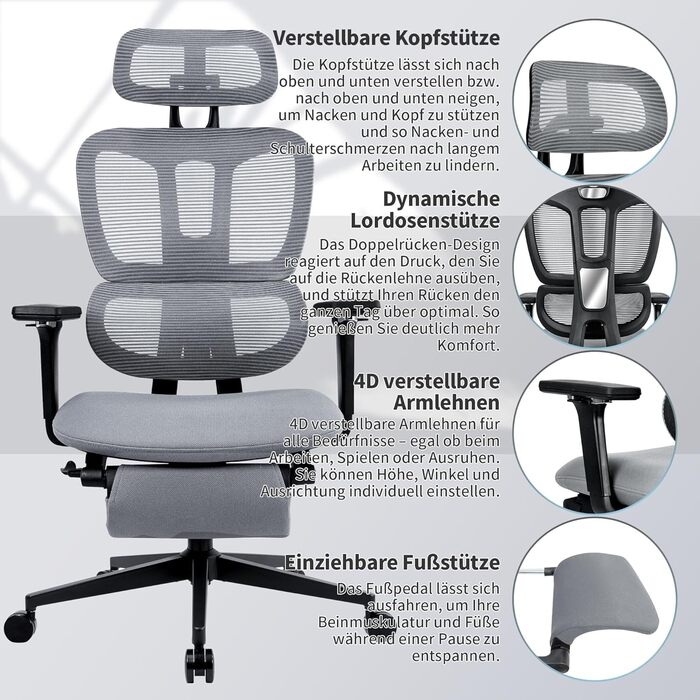 Ергономічне крісло для офісу з підніжкою, висока спинка, 2D-підголівник, відкидні підлокітники, сидіння з губки, сітчастий офісний крісло, крісло для керівника, комп'ютерне крісло для дорослих (сірий)
