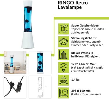 Лавова лампа алюмінієве скло синя вітальня молодіжна кімната 39,5 см G9 настрій світло вкл. лампочку декоративна ретро настільна лампа RINGO (синій/білий)