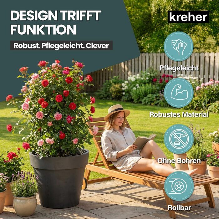 Крехер горщик для рослин XXL, круглий, діаметром 79 см / 58 см, з роликами. Чудовий елемент декору для саду, тераси, ресторану та комерційних приміщень! (XL-діаметр 58 см)