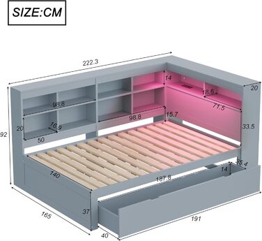 Диван-ліжко Kehun Doppelbet з LED-підсвіткою та USB-портом, трансформер з ящиками для зберігання та полицею, ліжко з ламелями, білий колір, без матраца, 140x200 см (сірий)