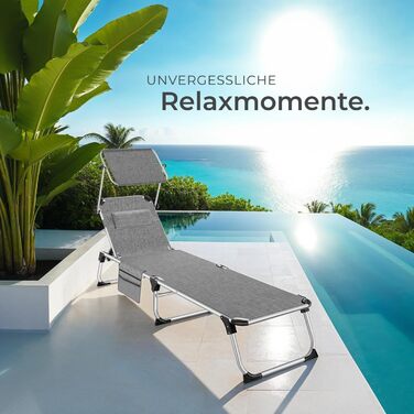 Шезлонг Tectake® з дахом, балконний шезлонг з алюмінію, складаний садовий шезлонг, стійкий до погодних умов, лежак для саду, кемпінгу та пляжу, регульована спинка, подушка для голови, бічна кишеня - сірий меланж