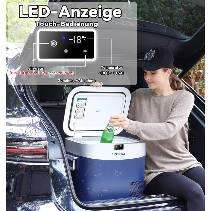 Автохолодильник BINGI 18л портативний 12/24V, 230V: термобокс для авто, кемпінгу, дому (-18°C до 15°C)