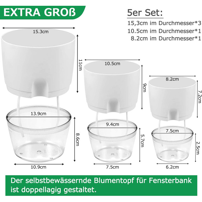 Набір горщиків для трав на кухню, самополивний набір 3 шт. для вирощування свіжих кухонних трав, 18.2x11x15.3 см, білий (5 шт.)