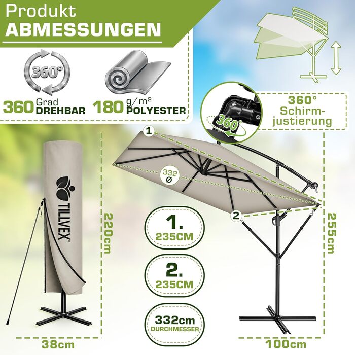 Прямокутна садова парасолька tillvex® з алюмінієвим стійкою 330 см, підвісна модель з рукояткою, захистом від UV та вітру, водонепроникна (Taupe, без LED)