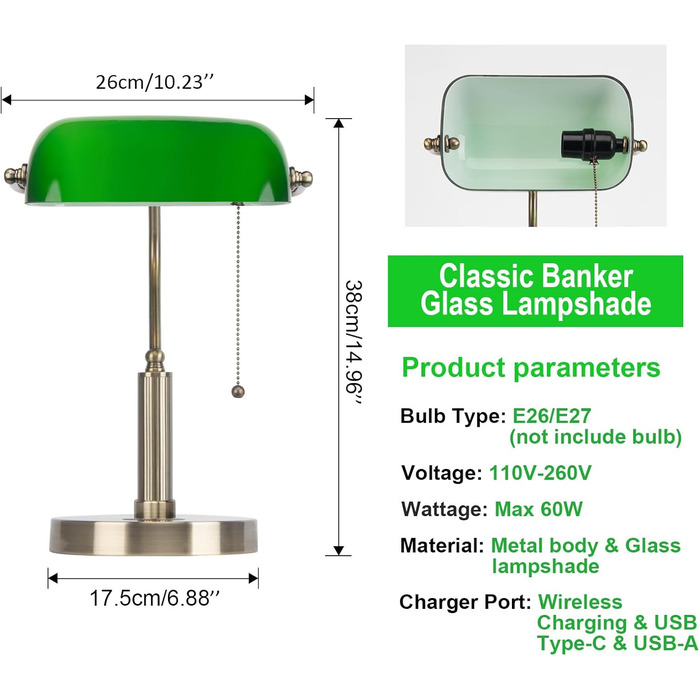 Настільна лампа Bankers із зеленого скла з бездротовою зарядкою, портом USB, вінтажним латунним тяговим ланцюгом