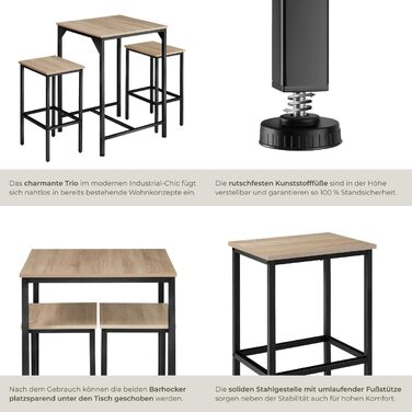 Набір барних меблів tectake® (стіл + 2 стільці) Industrial Style, світле дерево (Eiche Sonoma)