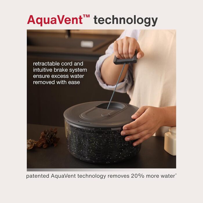 Салатниця Zyliss Easy Spin, 6 л, з мотузковим приводом, неслизьке дно, миска для подачі, AquaVent™-технологія, кнопка стоп, легко миється, сірий колір