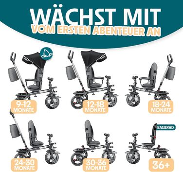 Триколісний велосипед KIDIZ 6-в-1 з ручкою, кошиком, сонцезахисним козирком до 25 кг (Чорний)