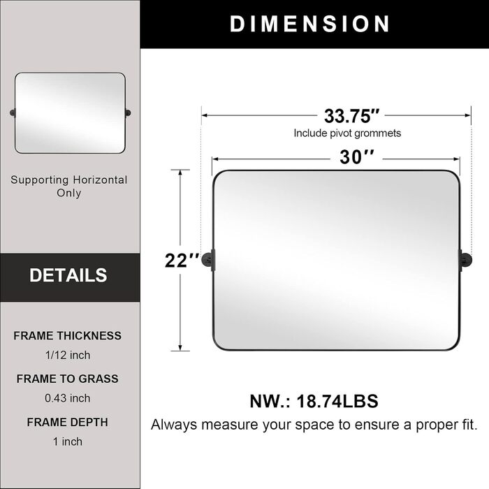Дзеркало для ванної кімнати MOON MIRROR прямокутне з металевим каркасом, 50.8 x 71.1 см, Чорний (Матовий Чорний)