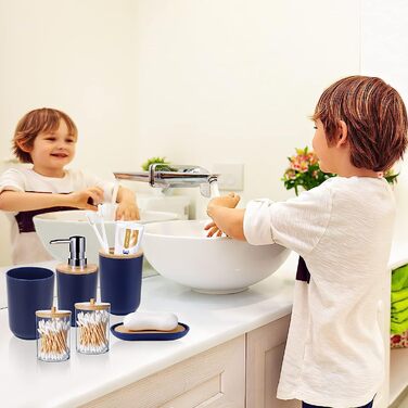 Набір аксесуарів для ванної кімнати SLDIYWOW 9 шт. (Морська блакить): Мülleimer, лоток, дозатор мила, тримач для зубних щіток, стаканчик для щіток, мильниця, WC-щітка, тримач для ватних паличок