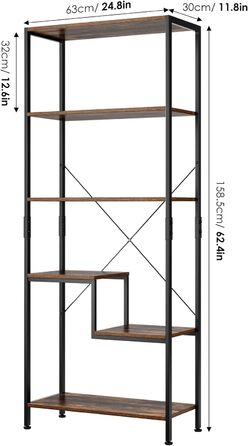 Книжкова шафа з 5 полицями Промисловий дизайн Стояча полиця з дерева та металу для вітальні, офісу, офісу, кухні, домашнього офісу, ванної кімнати 158,5 x 63 x 30 см, чорно-коричнева