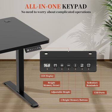 Електричний стіл 160x60 см, регульована висота, чорний, без швів, для комп'ютера