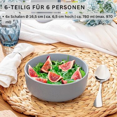 SÄNGER Leeds Sterling | Набір керамічних мисок, 6 предметів, миски для пластівців на 6 осіб, миски, стійкі до подряпин, стійкі до використання в мікрохвильовій печі, можна мити в посудомийній машині, маленькі миски, глибокі тарілки, сірі, 780 мл | КОЛЕКЦІ
