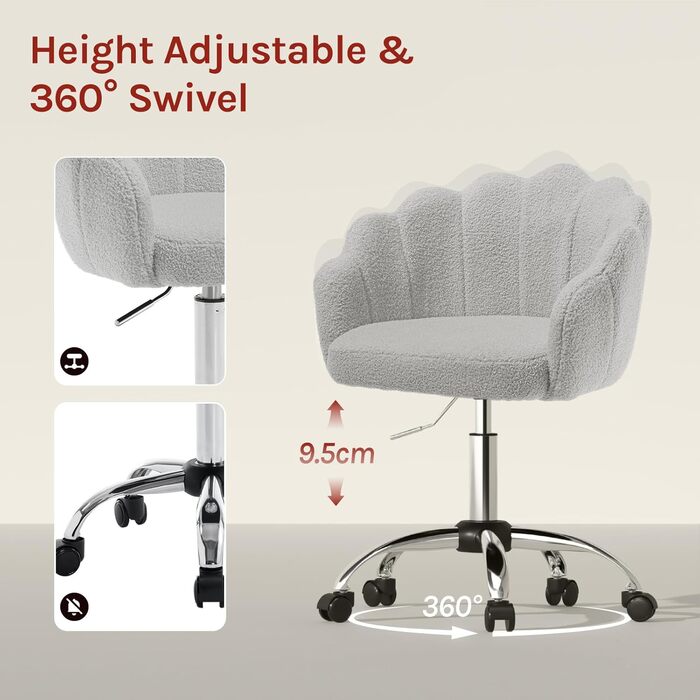 Крісло WOLTU для офісу та дому, крісло до туалетного столика з підлокітниками у вигляді пелюсток, поворотне з роликами, регульоване по висоті, для робочого кабінету, спальні (Світло-сірий, кашеміровий матеріал)