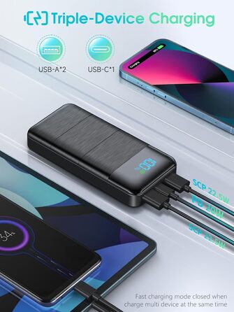 Вт, Power Bank 30000mAh USB C PD20W швидка зарядка, зовнішній акумулятор мобільного телефону Портативний зарядний пристрій з LED дисплеєм 3 виходи 2 входи Protable Mobile Power Bank Station для смартфонів, 22.5