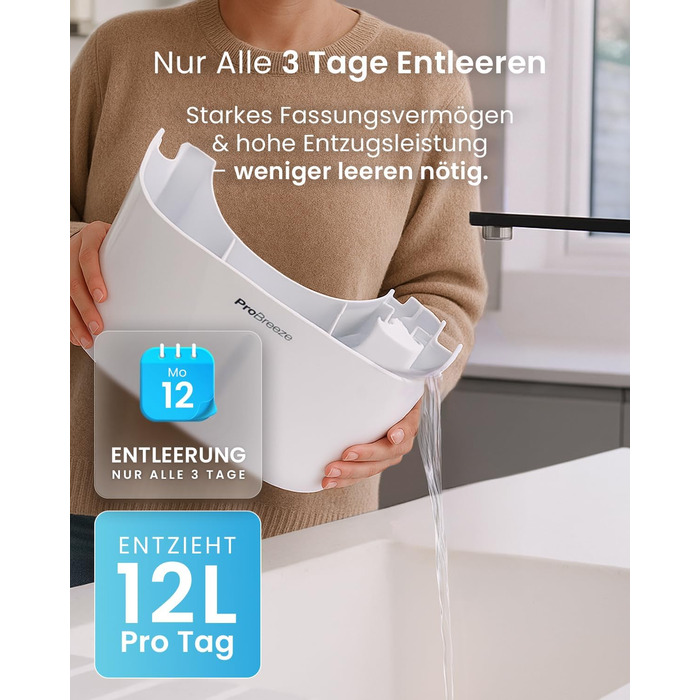 Pro Breeze® Eco Kompakt 12L/день: Електричний осушувач повітря з LED-дисплеєм, функцією сушіння білизни та Smart App (20 м²)