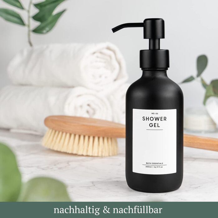 MONOKO Набір з 4 дозаторів для мила чорного матового кольору з скла, 500 мл | Дозатори для шампуню та мила для кухні | Нержавіюча сталь, з наліпками