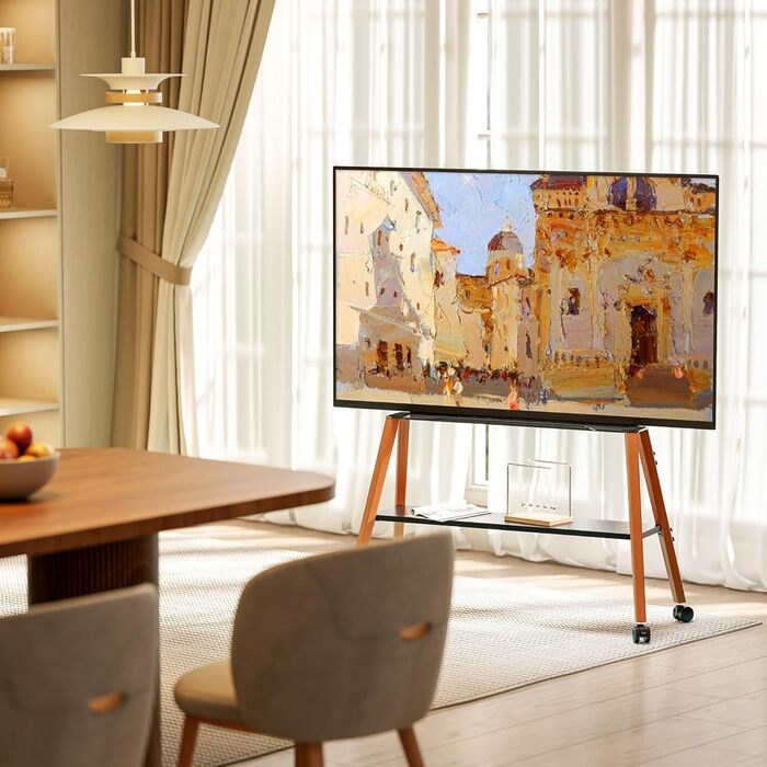 Підставка для телевізора ECOTINY на колесах для 49-75 дюймів, до 40 кг, Easel Design, металева конструкція з дерев'яною полицею, білий (чорний)