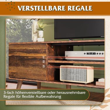 Тумба під телевізор WLIVE 160x40x47 см з двома дверцятами та відкритими полицями, вітальня, спальня, вінтажний коричнево-чорний