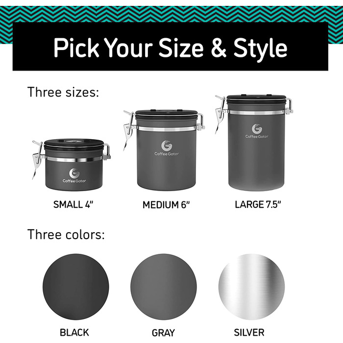 Контейнер для кави Coffee Gator з нержавіючої сталі (2 шт.) – для кавових зерен та меленої кави, з датою, CO2-вентилем та мірною ложкою (Сірий, Середній)