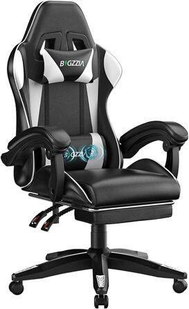Ігровий крісло Bigzzia з масажем та підніжкою, ергономічний дизайн, регульована спинка 90-135°, з подушками для голови та попереку, білий