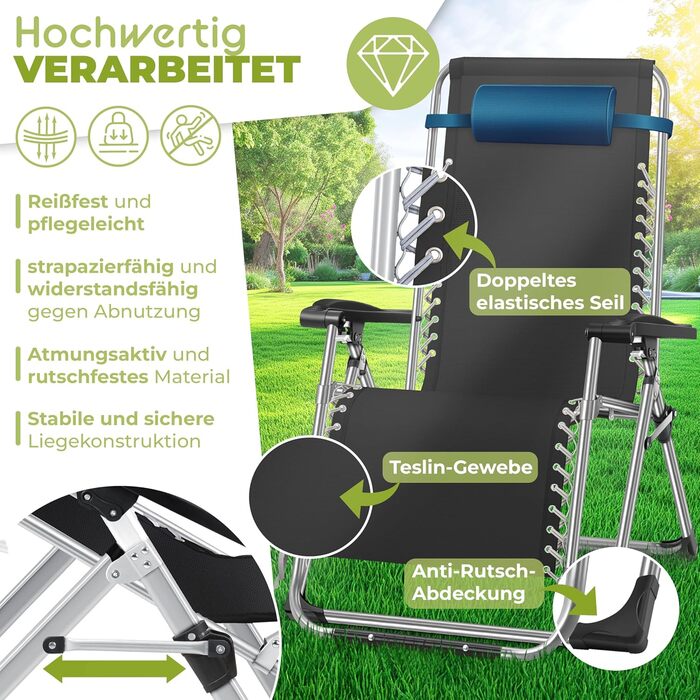 Крісло-шезлонг KESSER® для саду, розкладне, водостійке, 200 кг, широке, з регульованою спинкою, з подушкою та підстаканником (темно-синій)