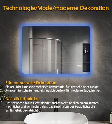 Дзеркало для ванної кімнати зі підсвічуванням SVNR, 70 x 50 см, LED, бездоганне покриття, сенсорне керування, регулювання кольору 3000K-6400K, з синім підсвічуванням