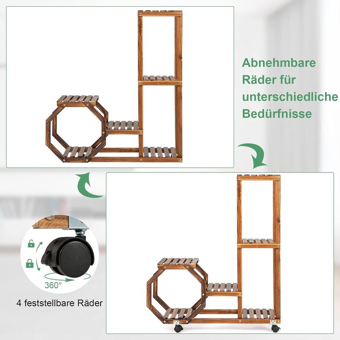 Підставка для рослин з дерева, стелаж для квітів на колесах, багатоповерховий, для балкона/тераси/саду, 4LIFE