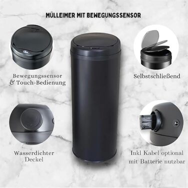 DIVID® Сенсорний сміттєвий бак для кухні 30, 40 та 50л | Електричний контейнер для сміття | Klemmring для пакетів | Датчик руху | Автоматичний закривний кришка | Захист від пролиття | Кухонний сміттєвий бак (Чорний, 50л)