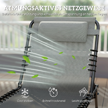 Шезлонг для відпочинку, розкладний, з дихаючою оббивкою, металевий каркас, 189 x 58 x 30 см, світло-сірий