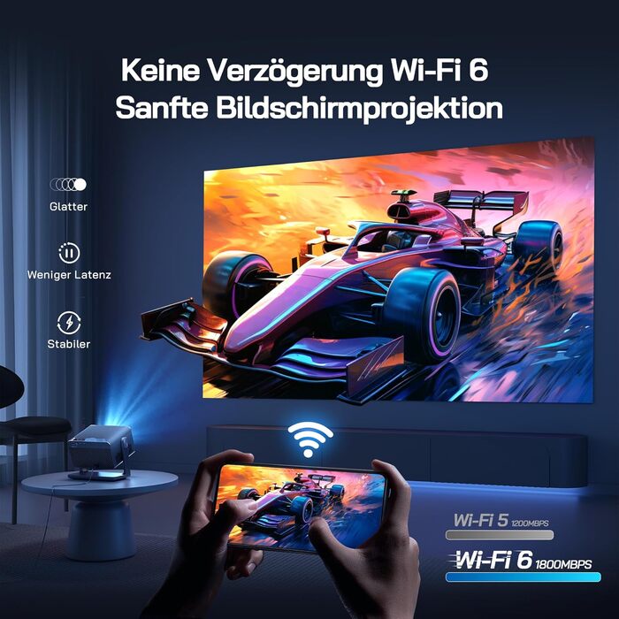 Міні проектор WOLFANG 4K з автофокусом та корекцією трапеції, 28000 люмен, WiFi 6, Bluetooth, для домашнього кінотеатру, 180° підставка, підтримка iOS/Android, для показу на вулиці