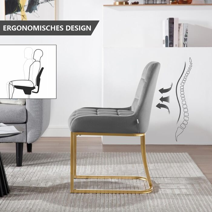 Крісла для обідньої зони WOLTU (4 шт.), м'які крісла з оксамиту з металевим каркасом, для кухні, вітальні, туалетного столика, темно-сірий, EZS32dgr-4