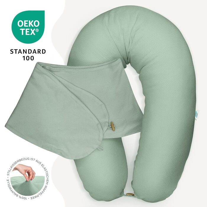 Подушка для вагітних та годування sei Design XXL 190x35 см, ергономічна подушка для сну з чохлом з органічної бавовни муслін (м'ятна)