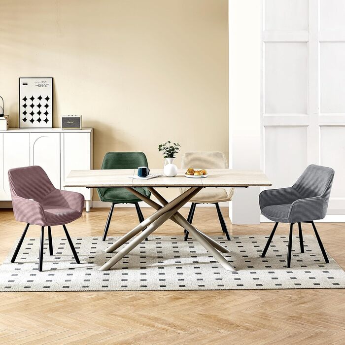 Набір з 4-х обертових стільців для їдальні з підлокітниками, 360° обертання, кухонні стільці, сучасні м'які стільці з тканинною спинкою для кухні, їдальні, спальні, бежеві