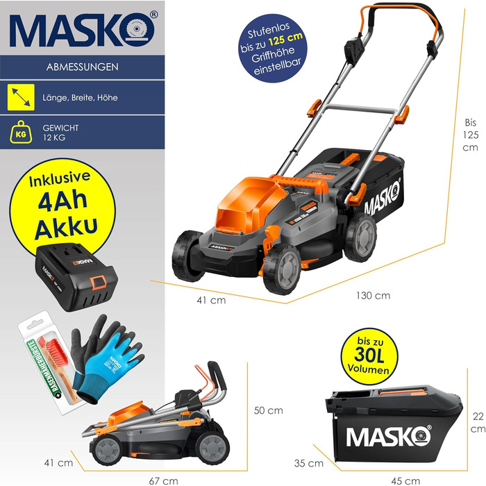 Акумуляторний газонокосарка MASKO з функцією мульчування, 2 акумулятори Li-Ion 4Ah, подвійний зарядний пристрій, триммер, ширина косіння 37 см, 6 положень висоти, кошик 40 л, площа до 600 м², в комплекті рукавички та щітка (ширина косіння 33 см, чорний/по