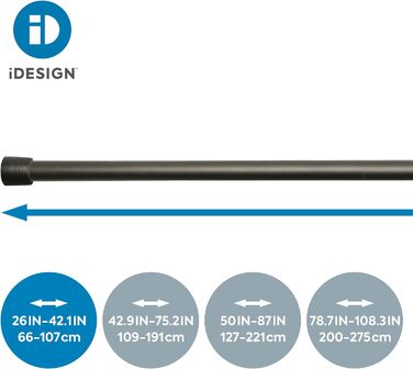 Карниз для душових штор iDesign (109-191 см), металева телескопічна стійка середньої довжини, висувний карниз для душової кабіни та ванни, колір (чорний матовий, 66 - 107 см)